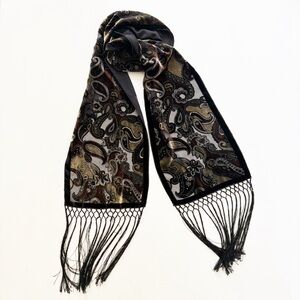 Vintage Burnout Velvet Black and Gold Paisley Fringed Scarf